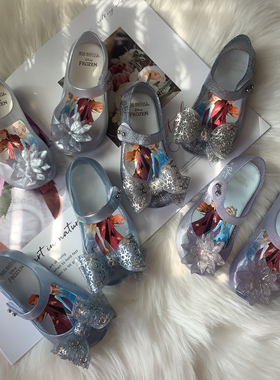 2020夏季梅丽沙女童卡通蓝色冰*奇缘蝴蝶结凉鞋果冻沙滩鞋魔术贴