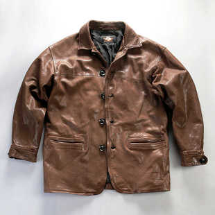阔版休闲真皮夹克男士重水洗褶皱全植鞣绵羊皮中长款大司闸员皮衣