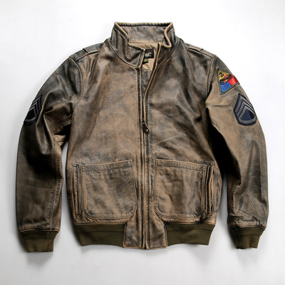 二战美式炮兵服真皮夹克男士立领刺绣复古石磨水洗做旧黄牛皮皮衣
