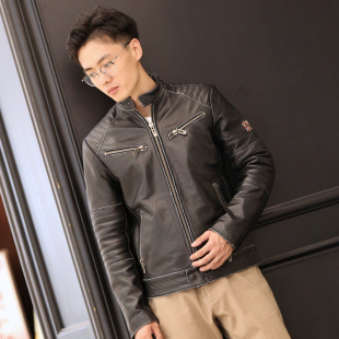 美式 短款 休闲头层牛皮真皮皮衣中青年 夹克机车服立领修身 男 秋季