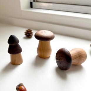 实木可爱蘑菇松树牙签盒家用创意牙签罐高颜值黑胡桃木质牙签筒