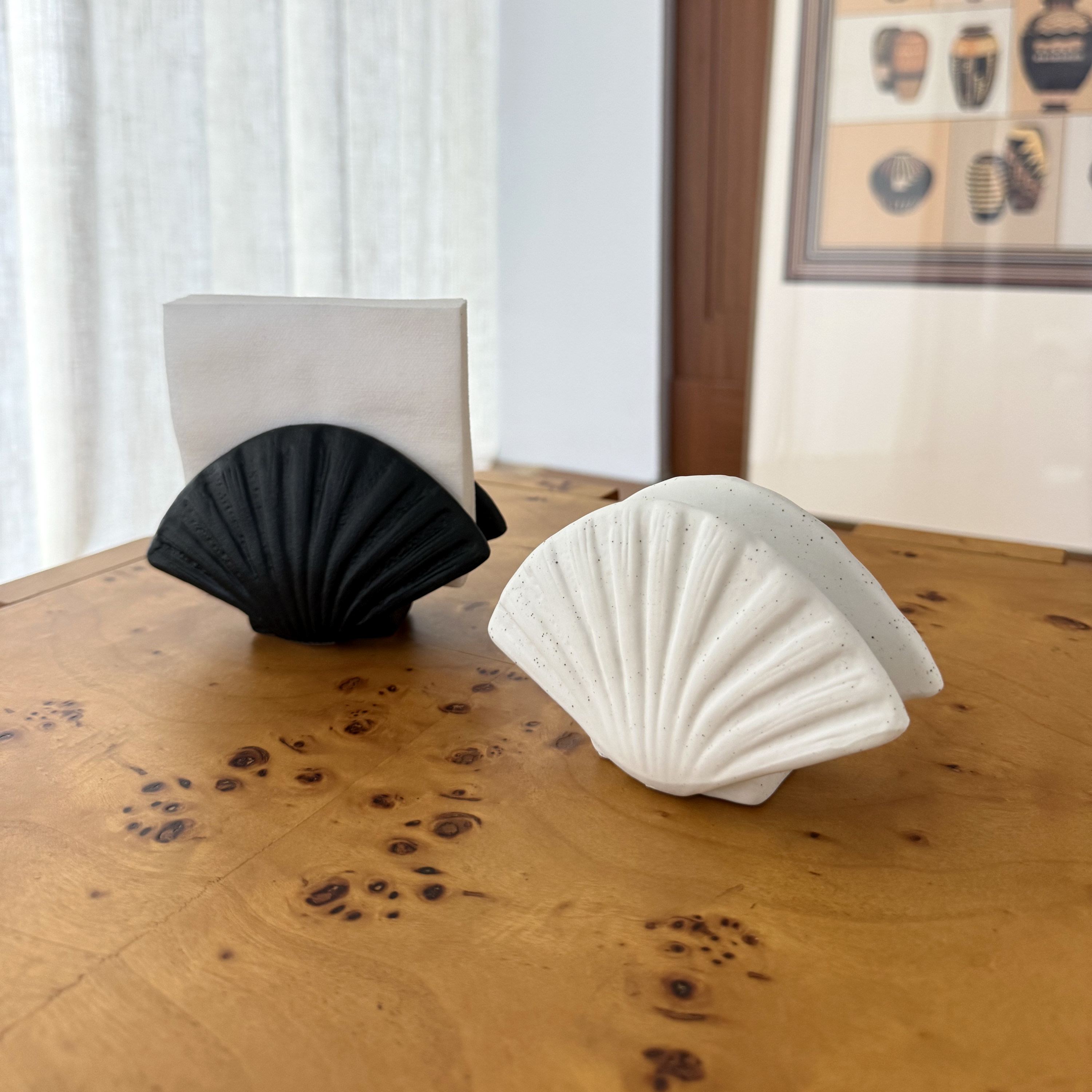 贝壳造型纸巾盒纸巾座侘寂风中古黑白简约法式客厅家居装饰摆件