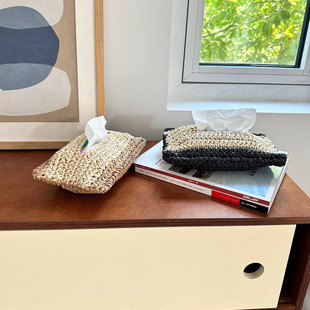 手工编织桌面纸巾盒 ins简约客厅家用抽纸盒拉菲草多功能纸巾袋