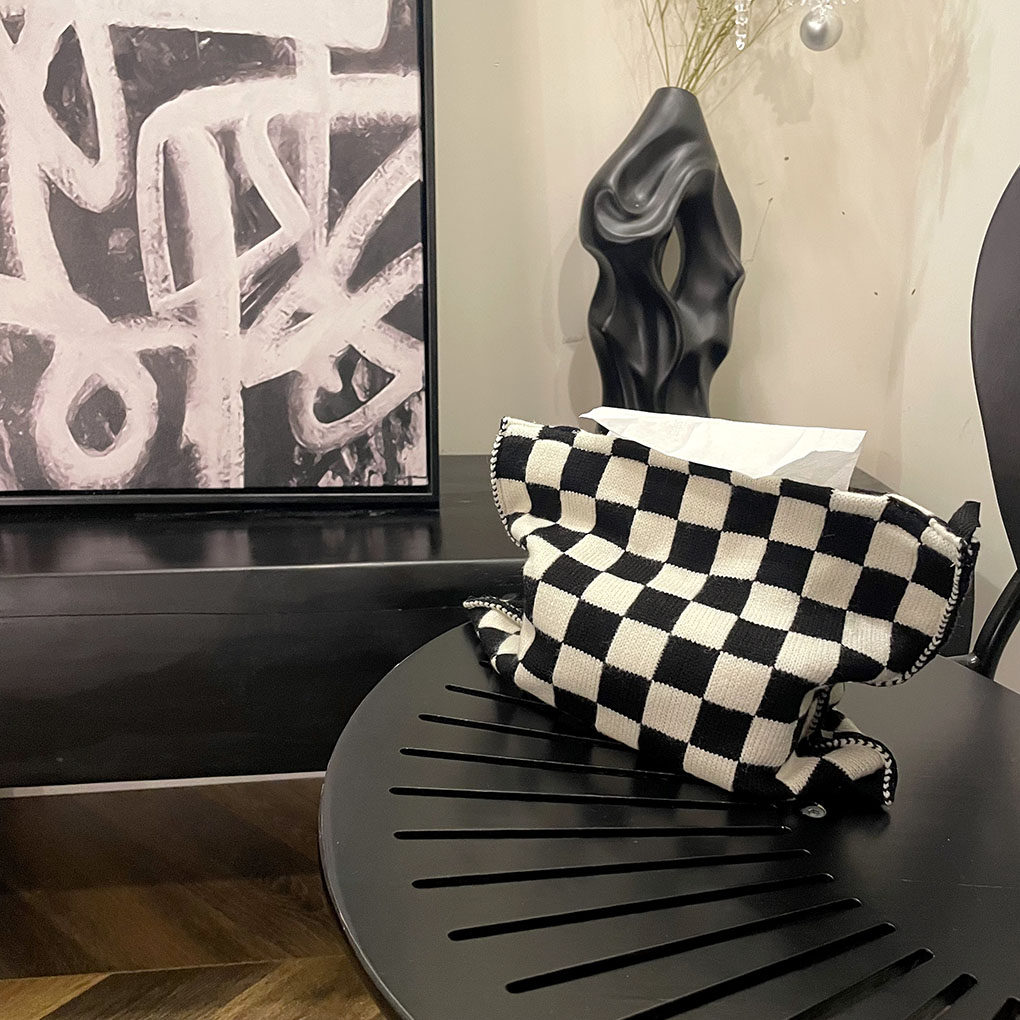 ins棋盘格抽纸袋布艺针织可挂式纸巾盒收纳包客厅北欧小众抽纸套