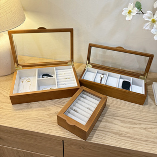 专柜实木首饰盒复古亚麻玻璃珠宝盒戒指耳环项链手表收纳盒礼物