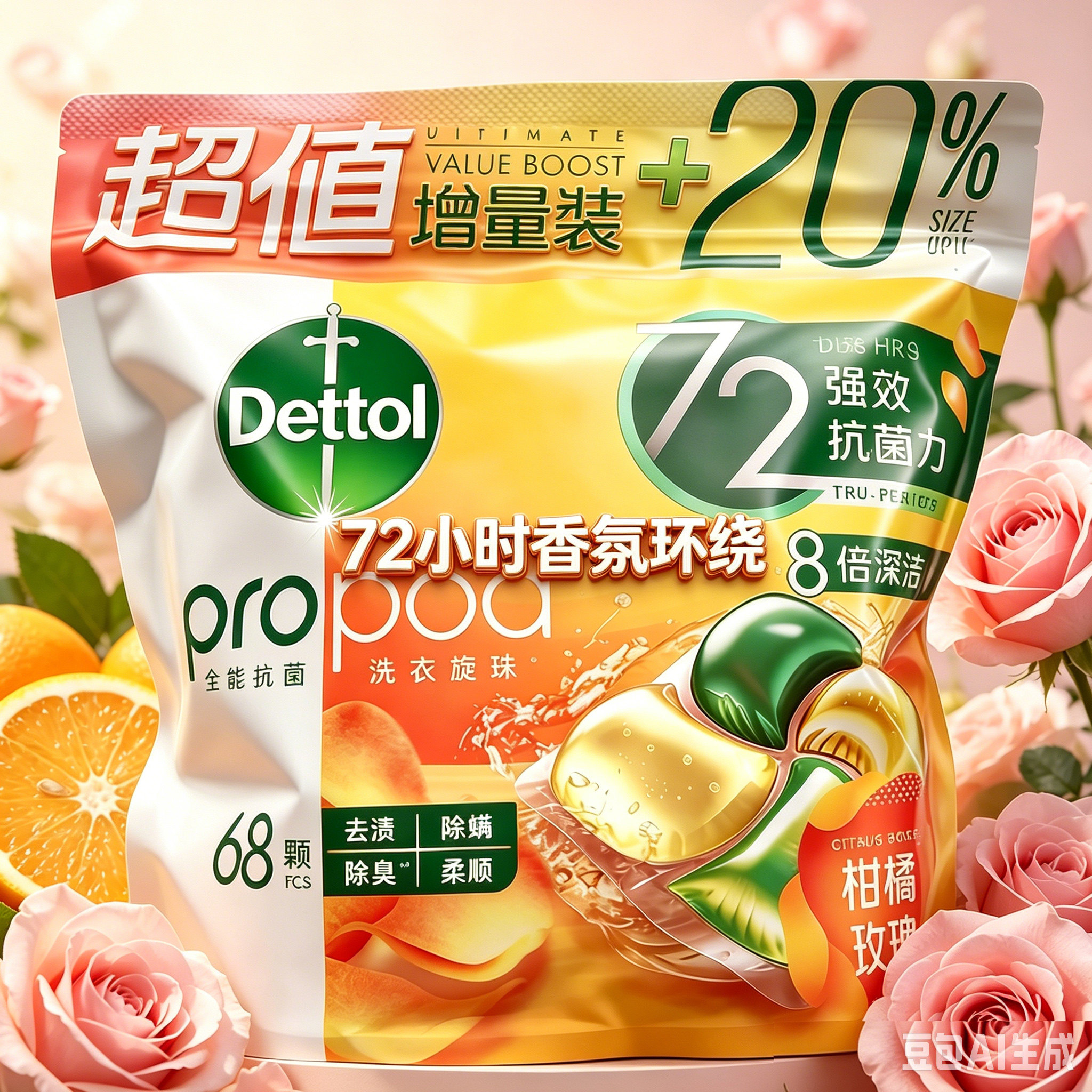 正品滴露柑橘玫瑰68颗四合一除菌洗衣凝珠持久留香抑菌除螨留香珠
