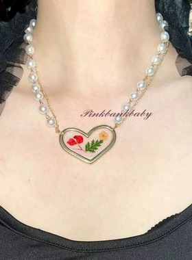 pinkbankbaby原创设计复古高级感爱心滴胶花朵珍珠小众高级感项链