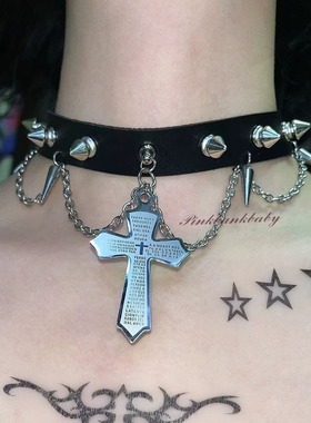 原创手作重工暗黑朋克亚文化y2k小众个性钛钢刺芒十字架项圈Choke