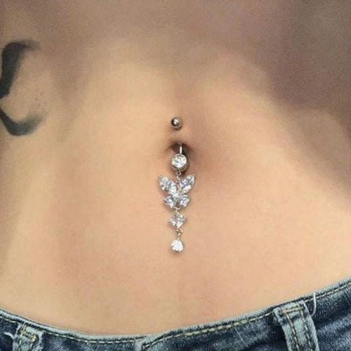 Butterfly Belly Ring蝴蝶锆石吊坠纯钛肚脐钉肚脐环穿孔饰品