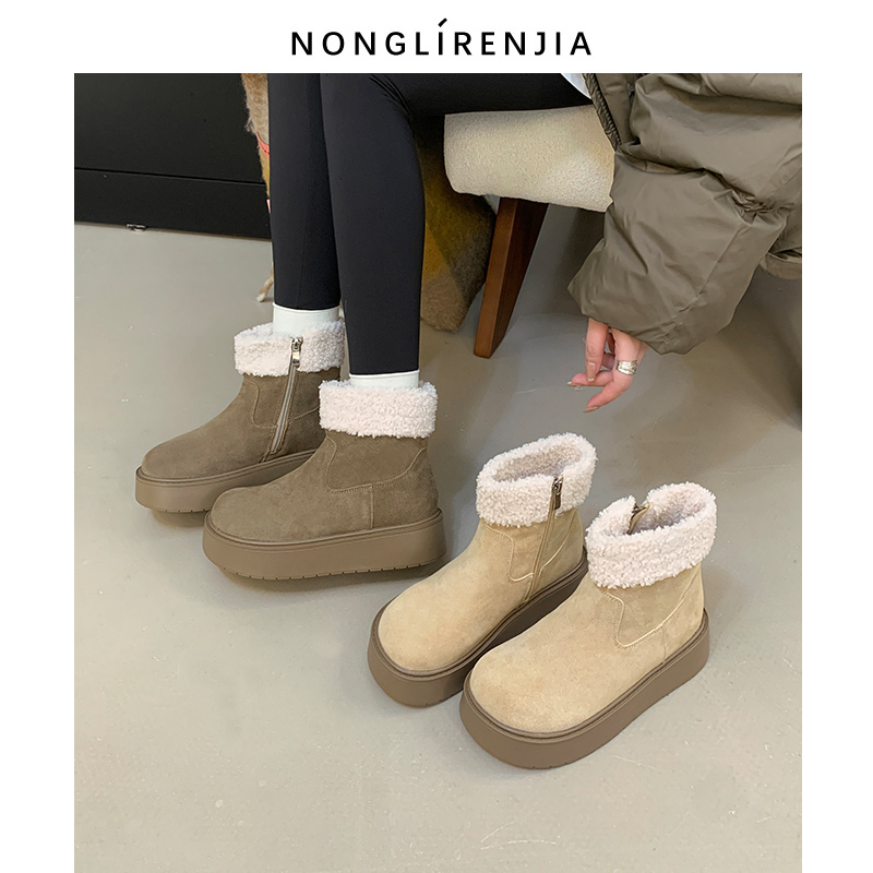 弄里人佳大码女鞋41-43码雪地靴25冬新款厚底加绒保暖棉鞋小土豆