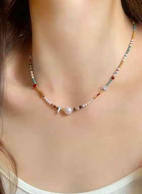 【彩虹春芽】天然淡水珍珠项链小众设计清新春日氛围感锁骨颈链