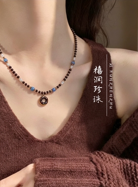 「可可甜甜圈」淡水珍珠项链撞色巧克力棕复古甜酷ins风锁骨链女