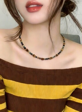 天然石项链美拉德色系原创手工串珠锁骨链复古高级感秋冬叠戴配饰