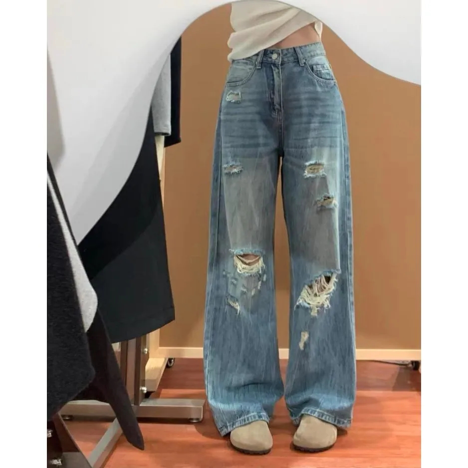 美式复古破洞阔腿牛仔裤女2025新款夏季高腰显瘦宽松直筒拖地裤子