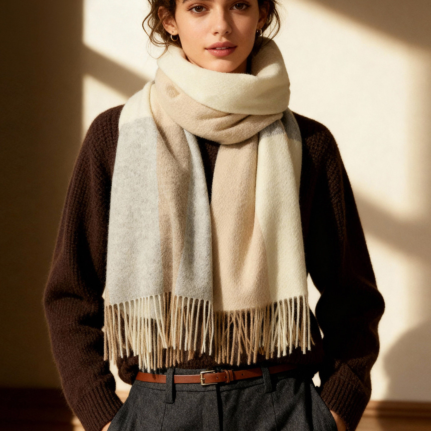 JESSIEJANE围巾冬季女高级感100%纯羊毛绿色格子韩系秋冬披肩两用