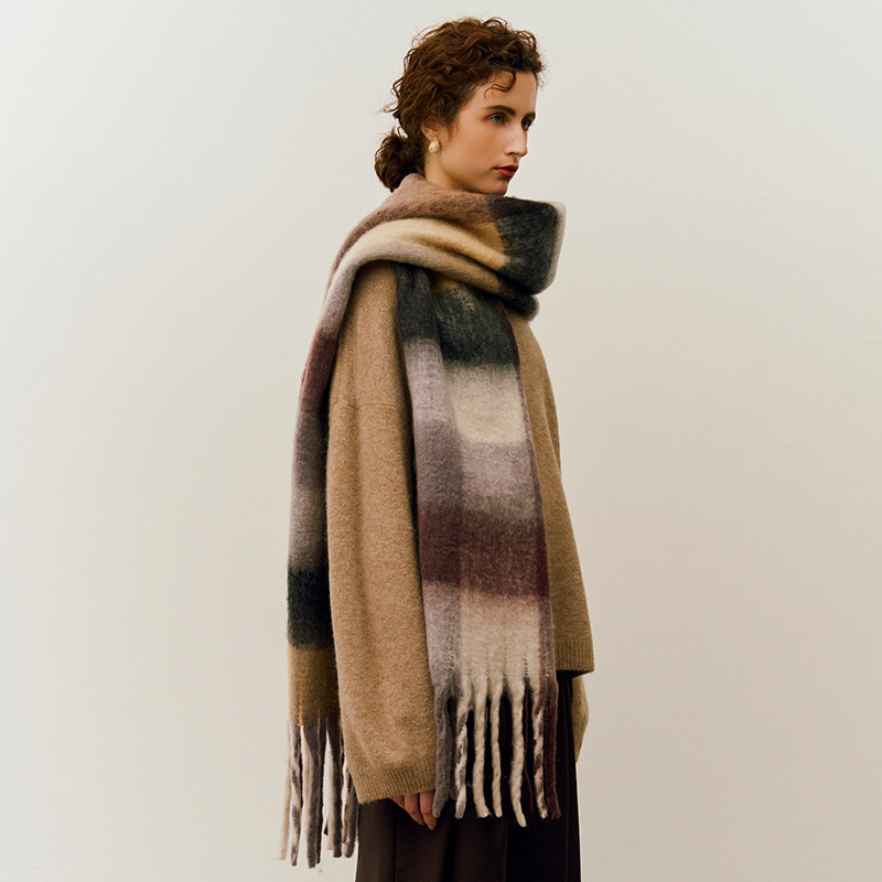 JESSIEJANE英伦风格子围巾女冬季2025新款棕色时尚加厚大披肩两用