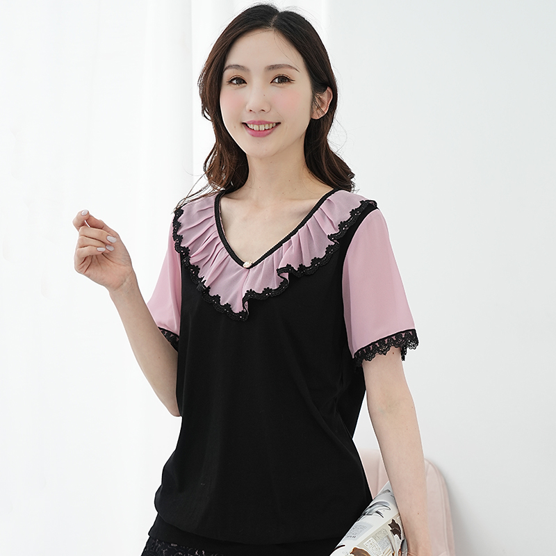 艾依琪格大码女装2025夏季新款胖mm气质荷叶边上衣胖妹妹短袖T恤