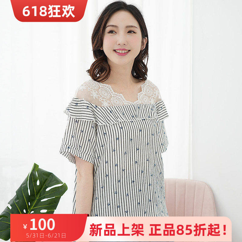 艾依琪格大码女装2025新款夏V领荷叶边条纹雪纺衫胖妹妹短袖上衣