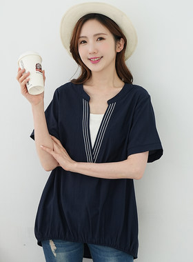 气质V领棉麻假两件胖mm夏装短袖