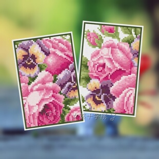 女巫十字绣卡套DMC绣线手工礼物交通校园卡花朵粉玫瑰送护角