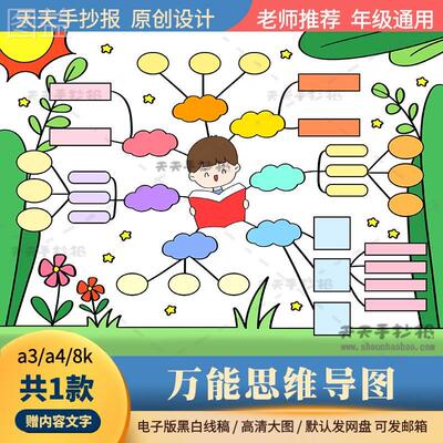 小学生思维导图手抄报电子版a3a4数学英语思维导图模板半成品涂色