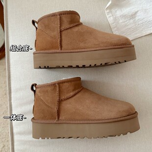 河南桑坡雪地靴3cm厚底mini皮毛一体迷你羊毛低筒周冬雨厚底靴