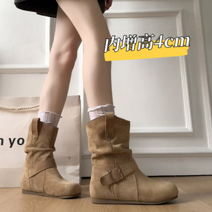 美拉德卡其加绒平底内增高堆堆靴子女2025新款秋冬配裙子勃肯短靴