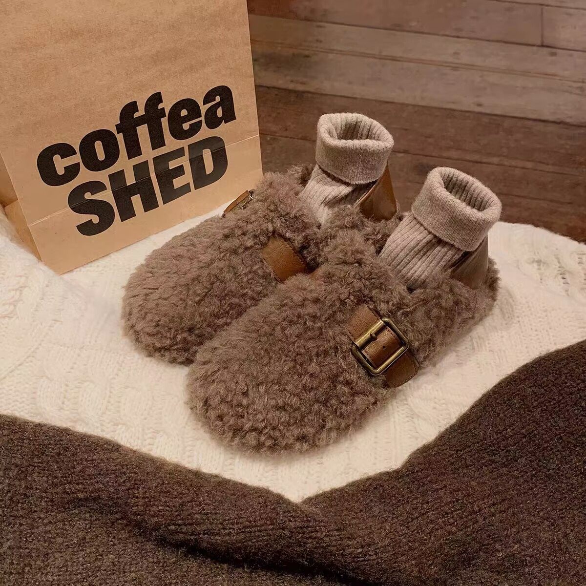 葡萄妈同款可踩跟保暖拼色厚底金属扣带毛毛勃肯鞋女秋冬,女鞋,勃肯鞋/软木鞋,淘宝优惠券,粉丝福利购,淘宝优惠卷