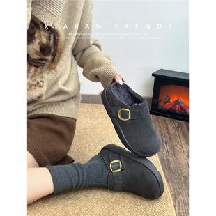 夏侃XIAKAN 内增高6cm灰色勃肯鞋女冬季加绒包头半拖外穿厚底拖鞋