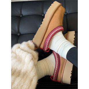 2025年新款厚底皮毛一体雪地靴女款冬季加绒加厚民族风一脚蹬棉鞋