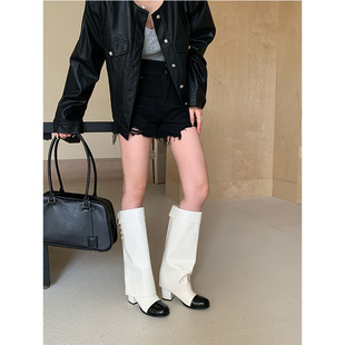 法式小香风圆头拼色骑士靴百搭粗跟高筒靴真皮不过膝长靴女裤管靴