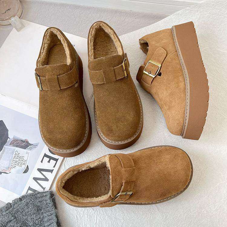 厚底真皮加绒勃肯鞋女冬2025新款一脚蹬乐福鞋复古增高毛毛棉单鞋,女鞋,勃肯鞋/软木鞋,淘宝优惠券,粉丝福利购,淘宝优惠卷