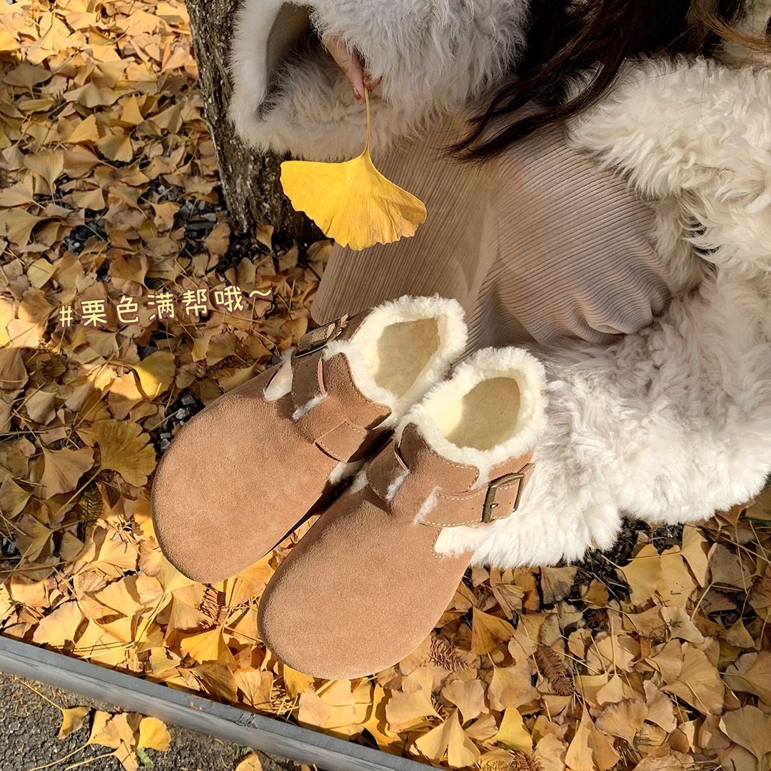 【葡萄妈同款]真皮版~复古真皮内增高毛毛勃肯单鞋女包头半拖,女鞋,深口单鞋,淘宝优惠券,粉丝福利购,淘宝优惠卷