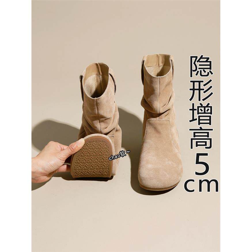 内增高5cm勃肯短靴女褶皱堆堆靴2025秋冬新款瘦瘦靴美拉德西部靴