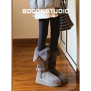 油叽叽~小个子厚底雪地靴女冬季保暖加绒灰色棉鞋内增高长筒靴子