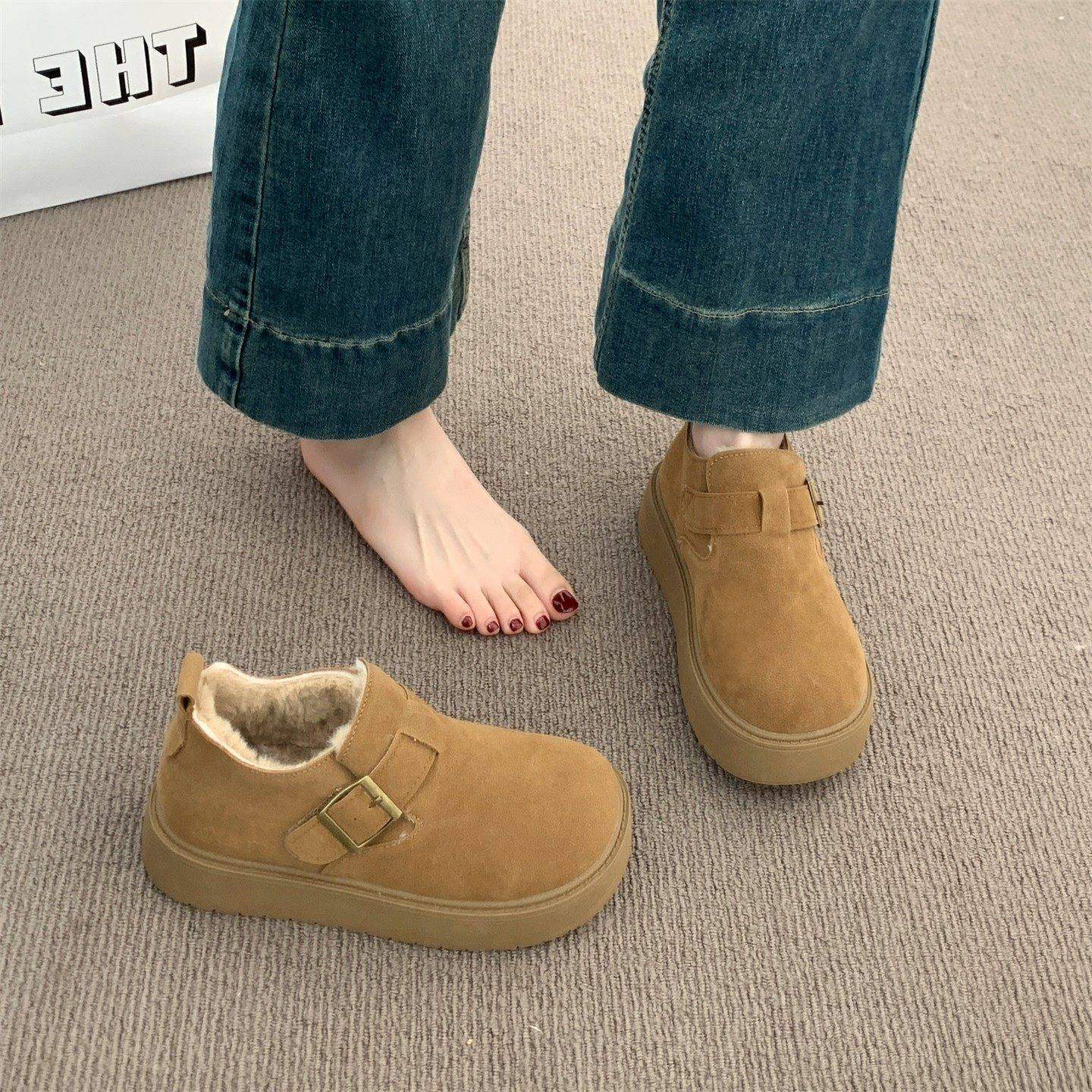 厚底加绒勃肯鞋保暖雪地靴女2025新款冬季一脚蹬乐福鞋低帮棉鞋子,女鞋,勃肯鞋/软木鞋,淘宝优惠券,粉丝福利购,淘宝优惠卷