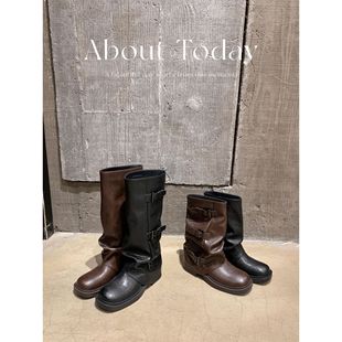 【sheii苏茵茵】辣妹裤管靴~褶皱皮带扣粗跟中高筒骑士靴女堆堆靴