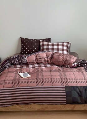 觅咖50支轻奢风定版格子条纹波点100纯棉四件套全棉被套床单