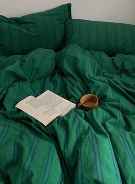 绿色条纹纯色床单水洗棉纯棉四件套全棉被套床单1.8m被罩床品