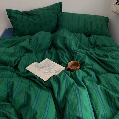 绿色条纹全棉水洗棉侘寂风四件套