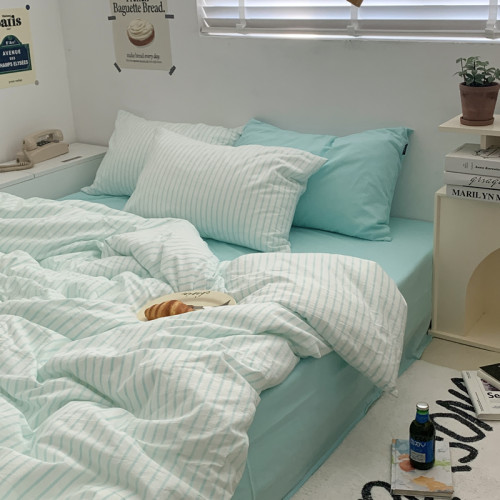 蓝色条纹纯棉床上用品四件套