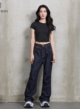 2025新品原创设计四季R家同款水洗宽松百搭压褶工艺阔腿牛仔裤