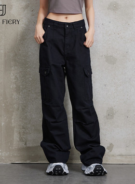 2025新款原创设计四季皆可穿百搭牛仔裤黑色贴袋 立体打褶工装裤