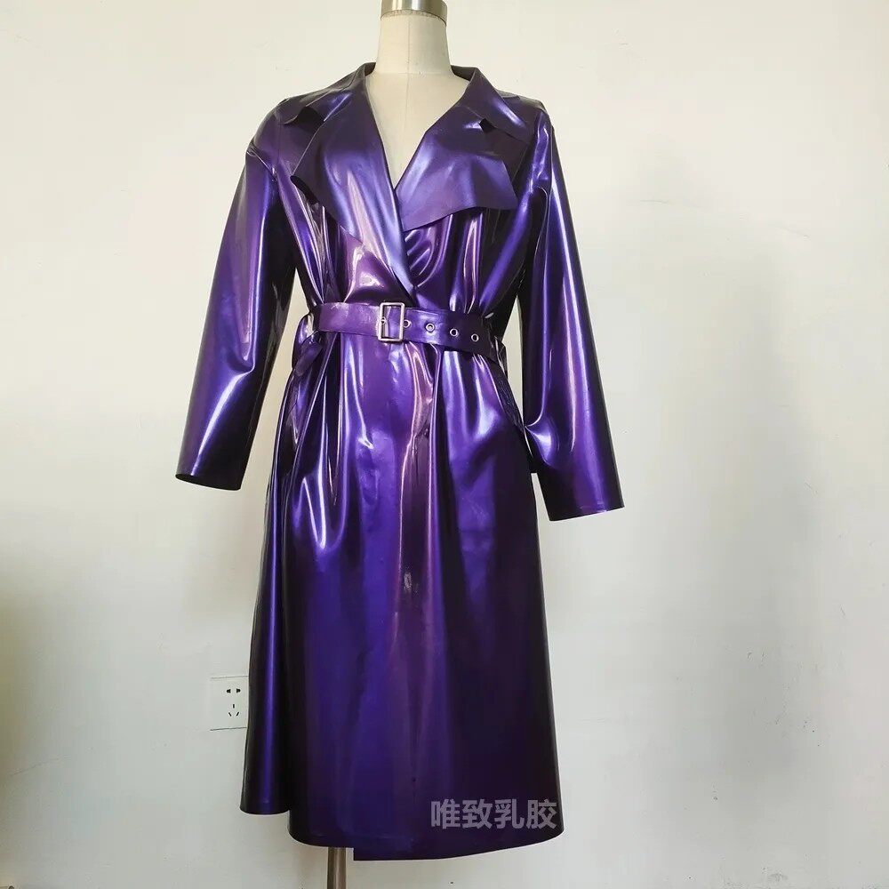 纯天然乳胶衣女装女士裙子风衣大衣翻领大摆长袖含腰带金属紫色