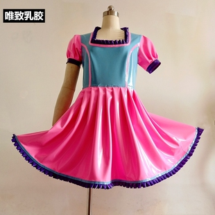 女装 纯天然乳胶衣定做订制拼色 女裙子连衣裙短裙大摆花边泡泡袖