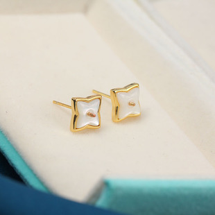 国产14k包金注金 贝母几何珍珠耳钉S925银针耳饰空托 DIY配件气质