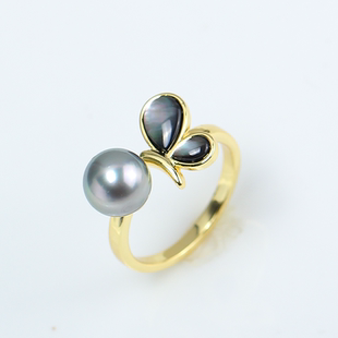 14K包金 蝴蝶黑贝壳珍珠戒指开口可调节 DIY配饰配件气质女