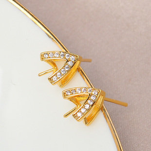 铜镀18K真金 锥子形锆石珍珠耳钉S925银针耳饰 珍珠配饰DIY配件女