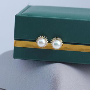 DIY珍珠配件新款铜镀金锆石镶嵌太阳花精致S925银针耳饰空托甜美