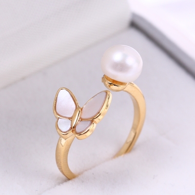 铜镀18K金蝴蝶锆石珍珠戒指配件